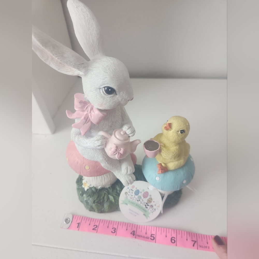White Rabbit and Yellow Chick Sitting On Mushrooms Having Tea Figurine Resin - Picture 9 of 10